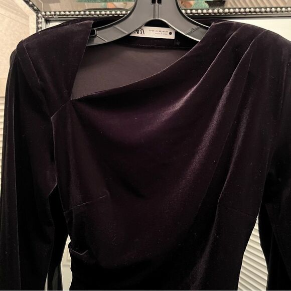 Like New Black Zara Velvet Mini Dress Long Sleeve Asymmetric Neckline xsmall - Picture 8 of 8